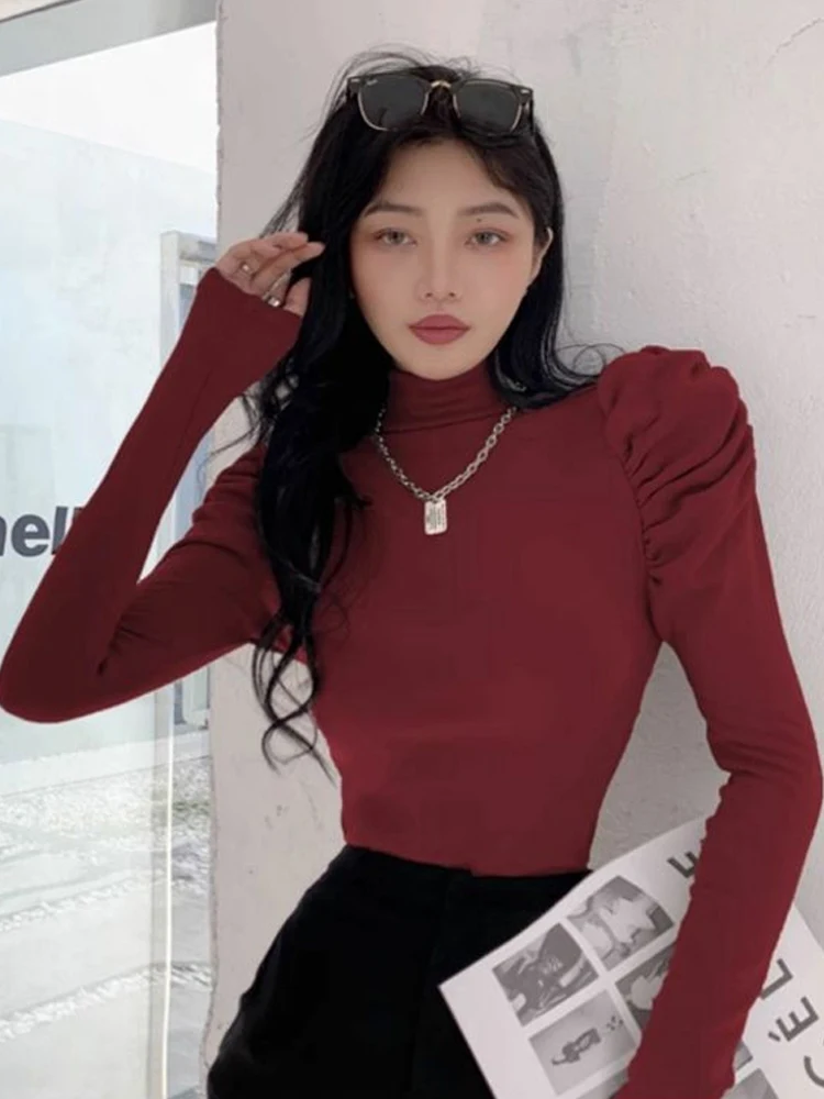 

Zadily 2025 Winter Korea Style Women's Turtleneck Puff Sleeve Slim Fit Long Sleeve Stretchy Basic T-Shirt Solid Color Daily Tops