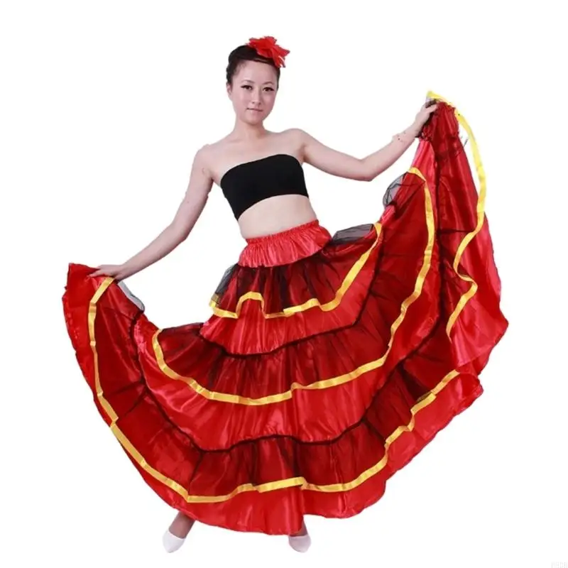 P8DB Womens Elegant Flamenco Dance Skirt Layered Long Skirt Spanish Dance Skirt Belly Dance Skirt Performances Costume