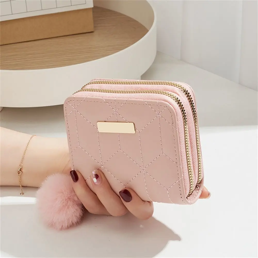 Pu Leather Short Wallet Solid Color Large Capacity Credit Card Holder Double Zipper Pocket Accordion Card Slots Coin Purse