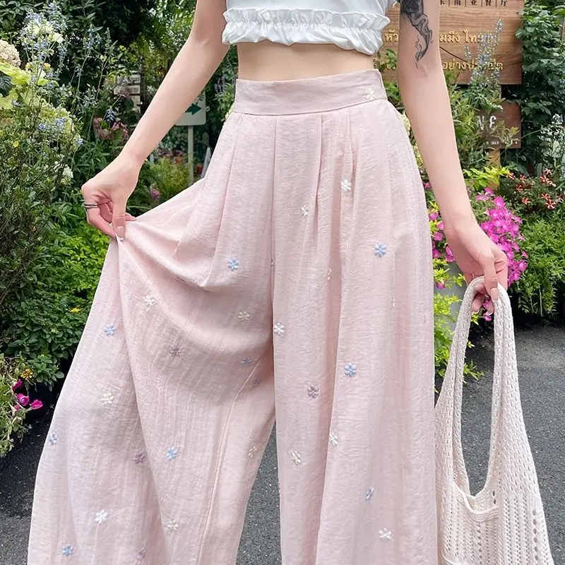 

Japan New Pink Linen Embroidered Pants Women'S Summer Thin Wide Leg Pants With Loose Drape