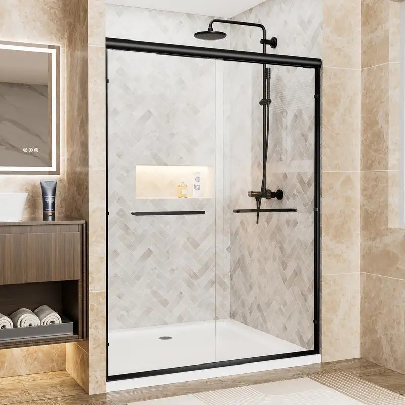 

54" W x 72" H Matte Black Aluminum Frame Double Sliding Shower Door, 1/4" Clear Tempered Glass with Explosion-proof Film, Dual