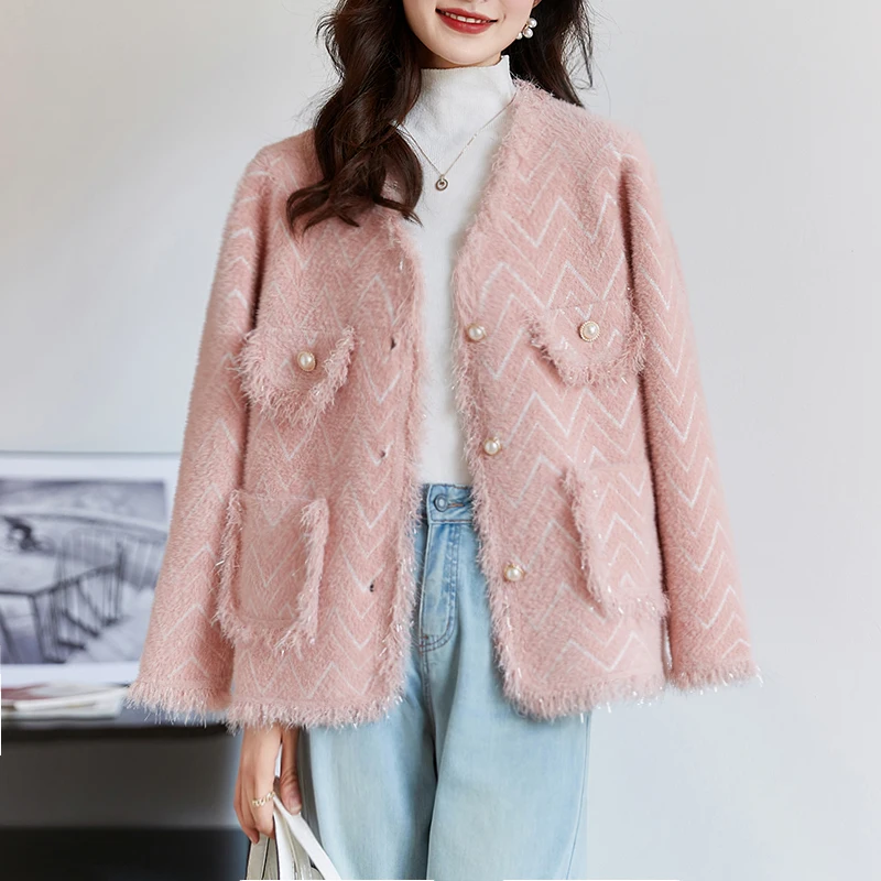 Faionable-abrigo de punto de fraancia pequeña para mujer, cárdigan de Color puro de fibra de poliéster Thiened para otoño e invierno