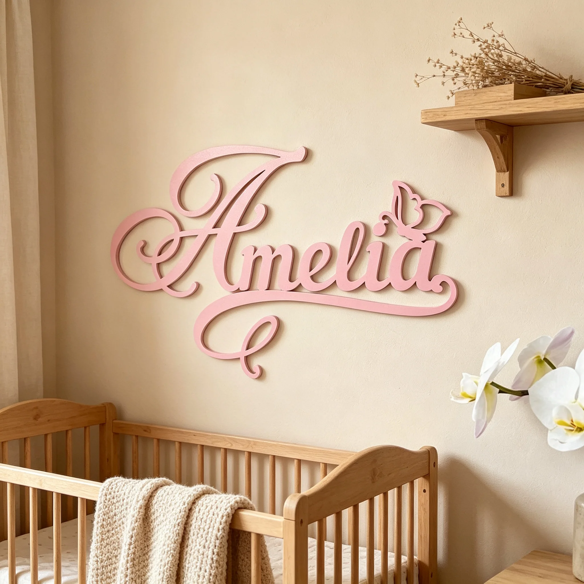 Personalized Butterfly Name Sign Custom Cursive Wooden Name Plaque Wall Hanging Decor, Newborn Baby Shower Girl Boy Gift