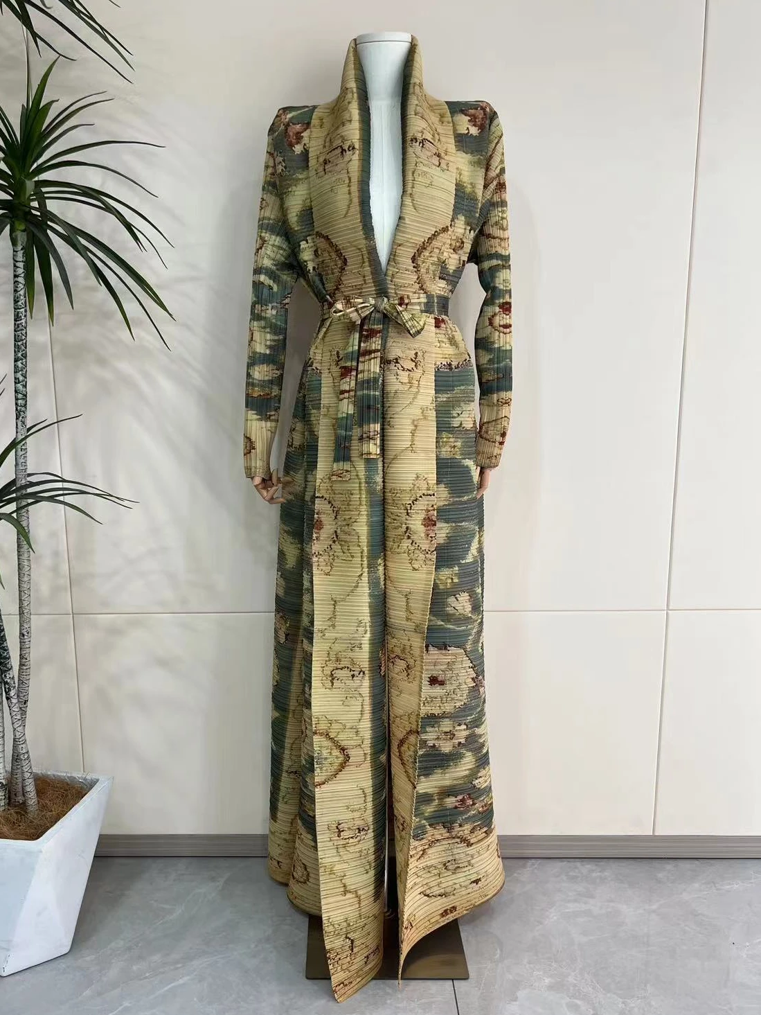 EUHG Miyake Pleated Classic Women's Long Gown Loose Plus Size Long Sleeve Tie Design Trench Vintage Printed Dress 2024 Summer