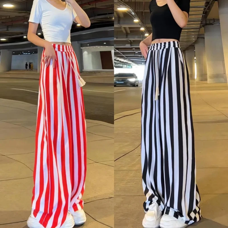 Trend High Waist Striped Straight Pants Summer New Contrast Patchwork Loose Casual Wide Leg Pants Vintage Fashion Women Clothing