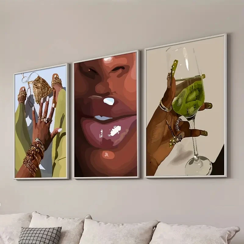 

3pcs/Set Abstract and Fashionable Female Illustration Canvas of Black Girl Trend Poster, Modern Living Room Home Decoration