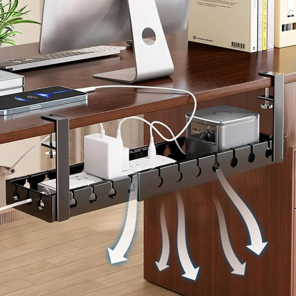 Organizador de cables metálico para colocar debajo del escritorio, con diseño hueco, capacidad máxima de carga de 15 kg, soporte resistente para la gestión de cables en estaciones de trabajo de oficinas y hogares.