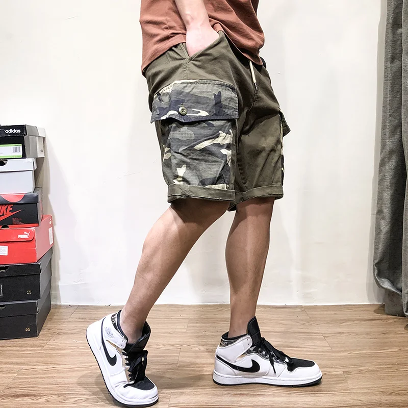 

Men's Camouflage Patchwork Cargo Shorts Washed Loose Cotton Five-point Pants Multi-Pocket Military Tactical for Male