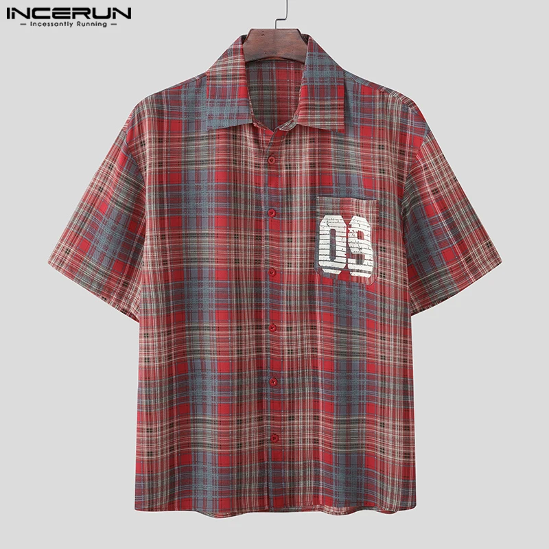 

INCERUN Мужская рубашка в клетку с принтом на лацкане с коротким рукавом и пуговицами, мужская одежда, летние свободные топы в корейском стиле 2025 года, повседневные мужские рубашки