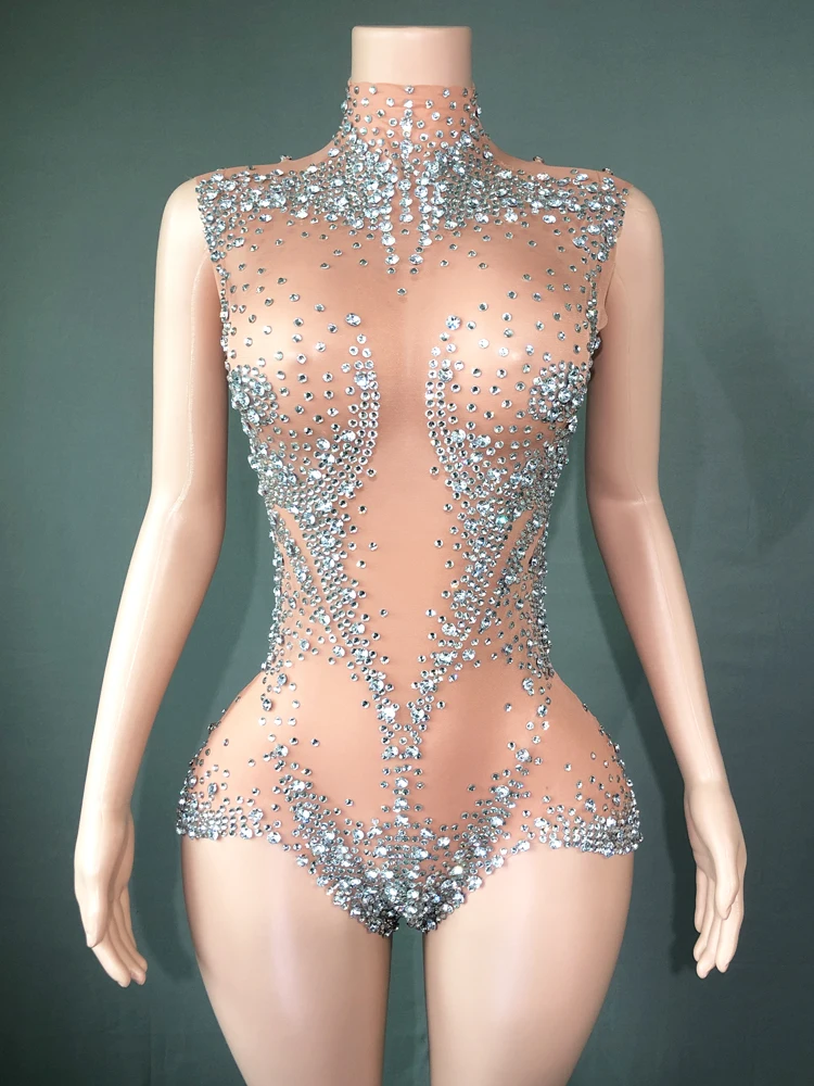 

Sparkly Rhinestones Sexy See Through Mesh Women Jumpsuit Evening Party Nightbar Wear Photo Show Outfit Stage Performance Costume