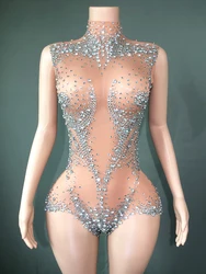 Sparkly Rhinestones Sexy See Through Mesh Women Jumpsuit Evening Party Nightbar Wear Photo Show Outfit Stage Performance Costume