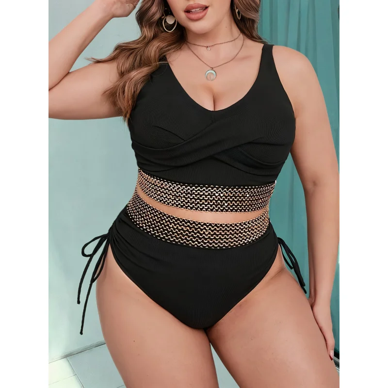 

Black V-Neck Wide-Strap Sequined Textured Plus Size Drawstring Swimsuit Set for Women