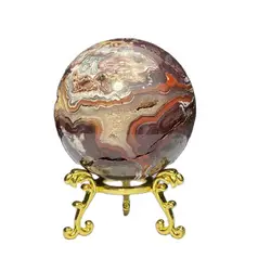 Natural Mexican Agate Crystal Energy Ball Reiki Healing Gemstone Sphere Garden Home Decor Witchcraft Holiday Gift + Gold Base