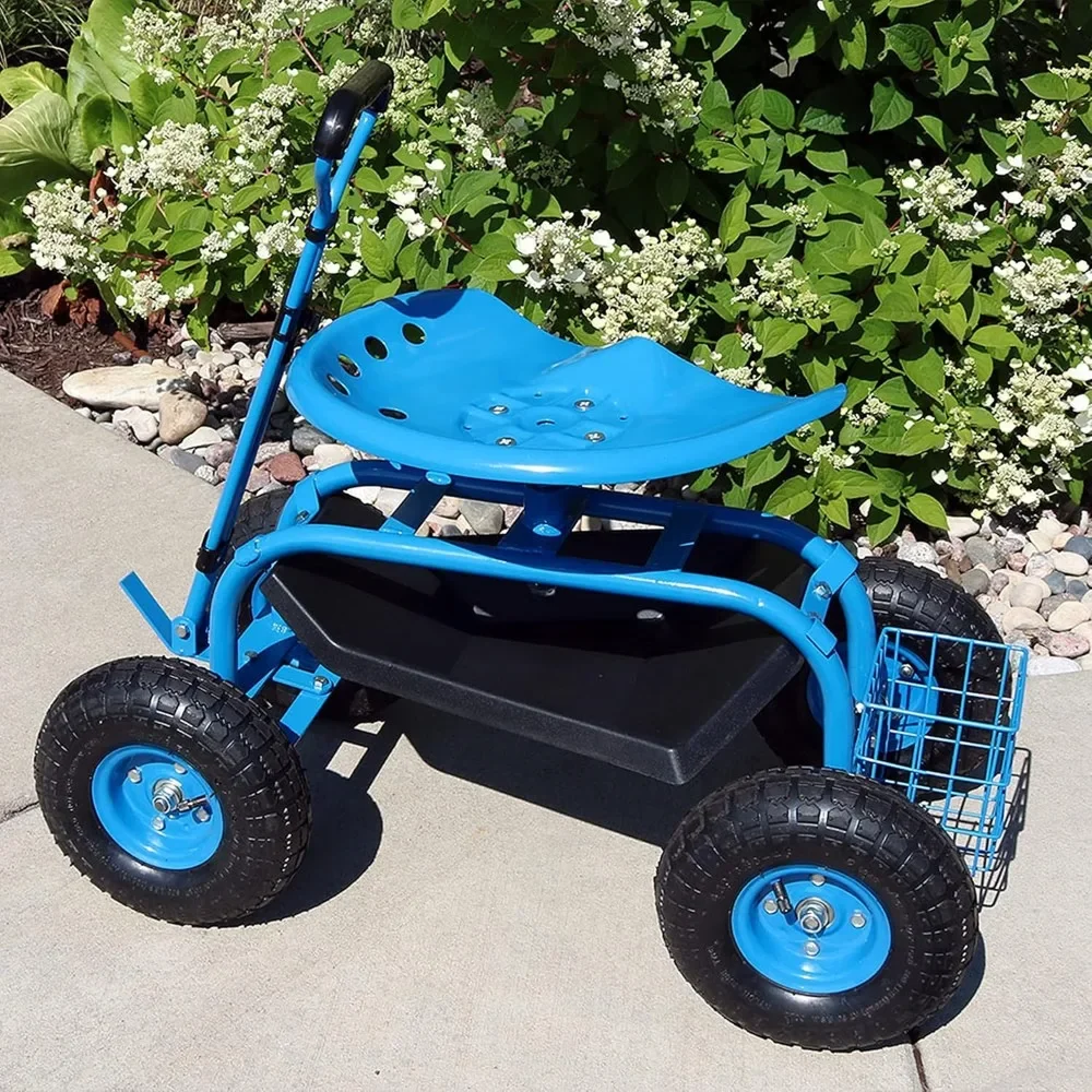 Sunnydaze Garden Cart Rolling Scooter with Extendable Steering Handle -Swivel Seat and Utility Basket - Blue