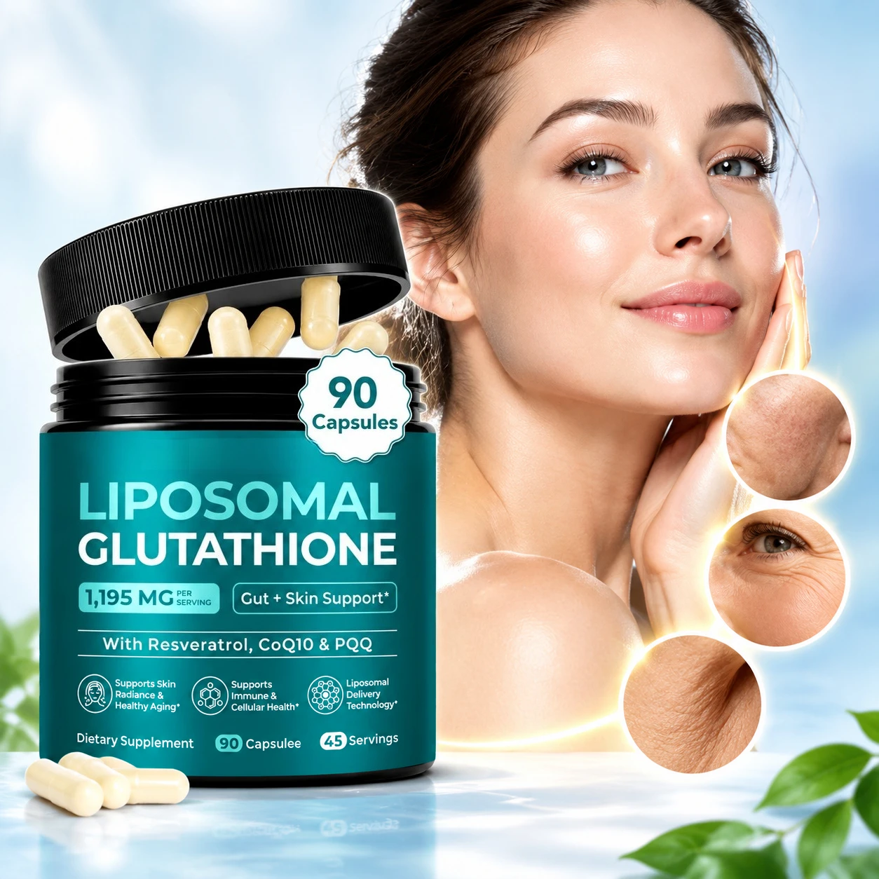 Liposomal L-Glutathione Capsules, Skin Radiance & Vitality, Healthy Aging Cellular Wellness, Resveratrol CoQ10 PQQ,90 Capsules