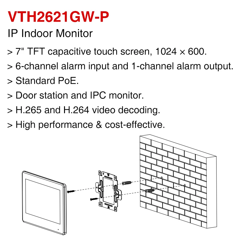 Dahua VTH2621GW-P PoE Indoor Monitor 7 Inch Video Intercom Screen Home IP Camera Monitor System APP Two-way Talk Digital SIP P2P