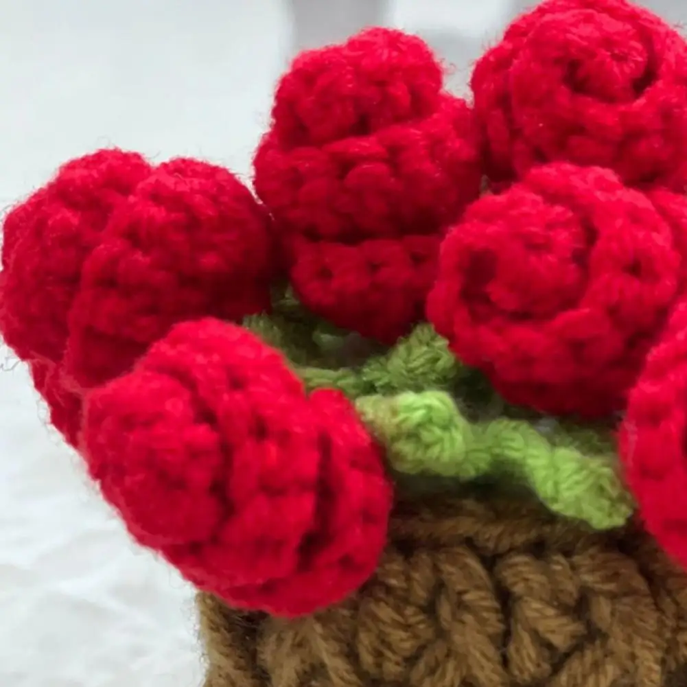 Absorbent Beverage Coaster Handmade Crochet Rose Flower Coasters Set Decorative Potted Flower Bouquet with Basket Soft Knitted