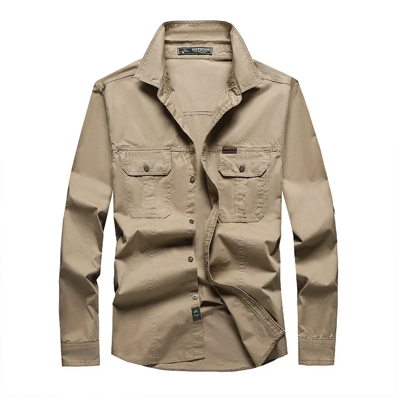 

Spring Autumn New Fashion Men's Loose Casual Long Sleeved Cargo Shirts Plus Size Thin Cotton Solid Color All Ages Shirts Male