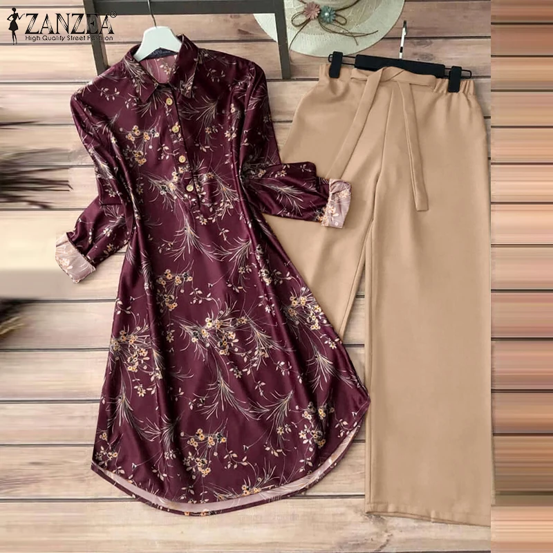 ZANZEA Frauen Hose Sets Vintage Floral Print Tops Solide Breite Bein Lange Hose Sets Elegante Outfits Zwei Stück Anzüge Casual 2 stücke Sets