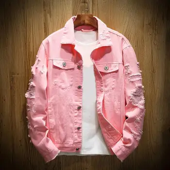 New 2024 Men's Fashion Jeans Jacket Solid Spring Autumn Cotton Denim Jacket Men White Black Pink Ripped Hole Jean Coats Male
