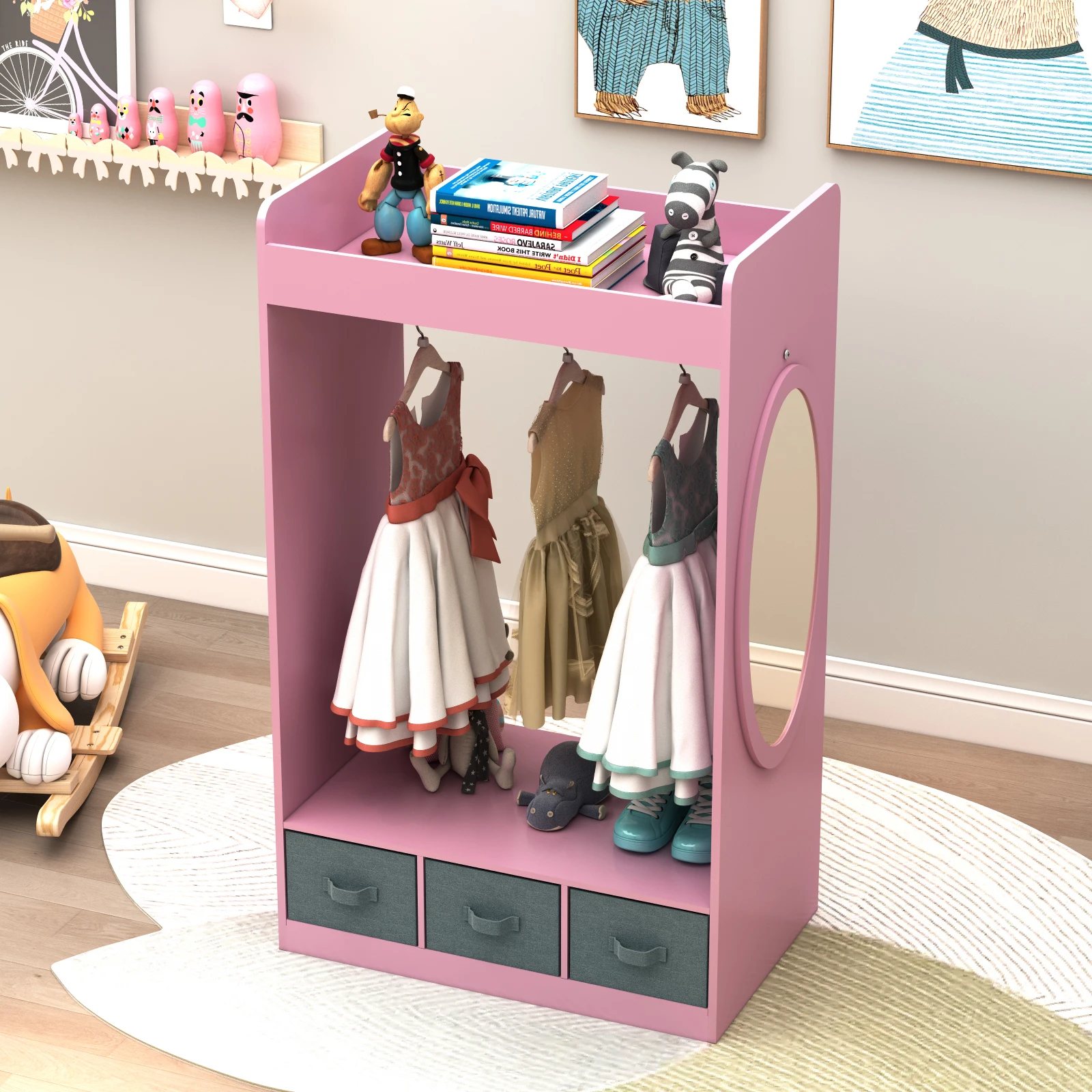 Kids Costume Organizer、 Costume Rack、Kids Armoire、Open Hanging Armoire Closet with Mirror-PINK