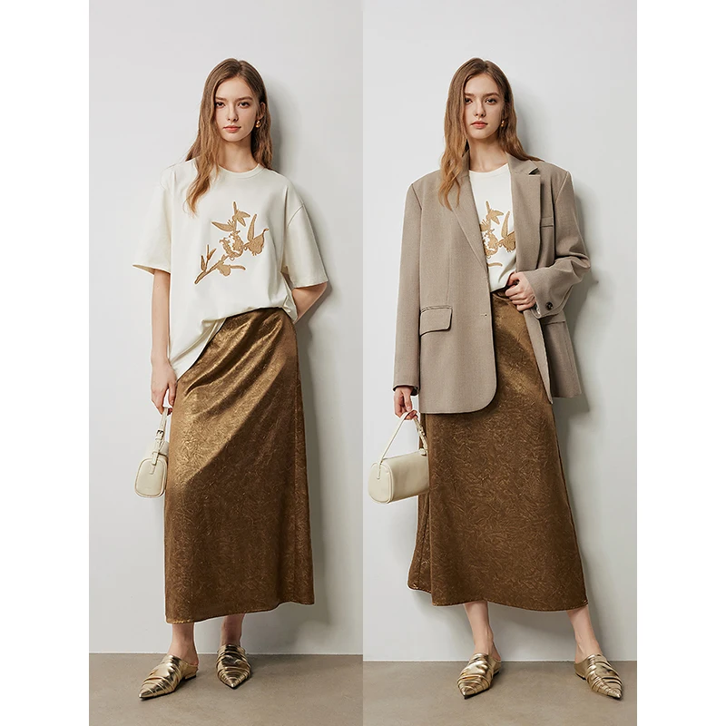 TOYOUTH Women Skirt 2024 Autumn New Luxury Old Money Style Hot Texture Akle Length Long Skirt