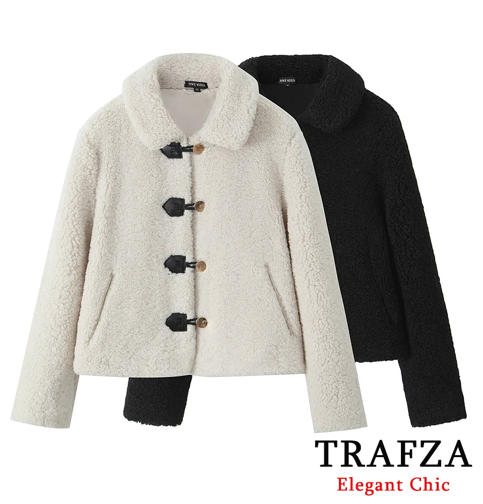 TRAFZA Women Fall Winter Short Fleece Short Coat Lapel Buttons Shaggy Solid Coat New 2024 Fashion Casual Simple Coat