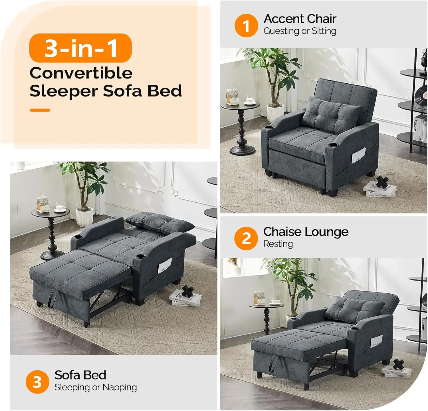 Convertible Sleeper Chair 3-in-1 Sofa Bed Dark Gray, Pull Out Couch Sleeper Sofa Recliner with USB Ports, Cup Holders, Side