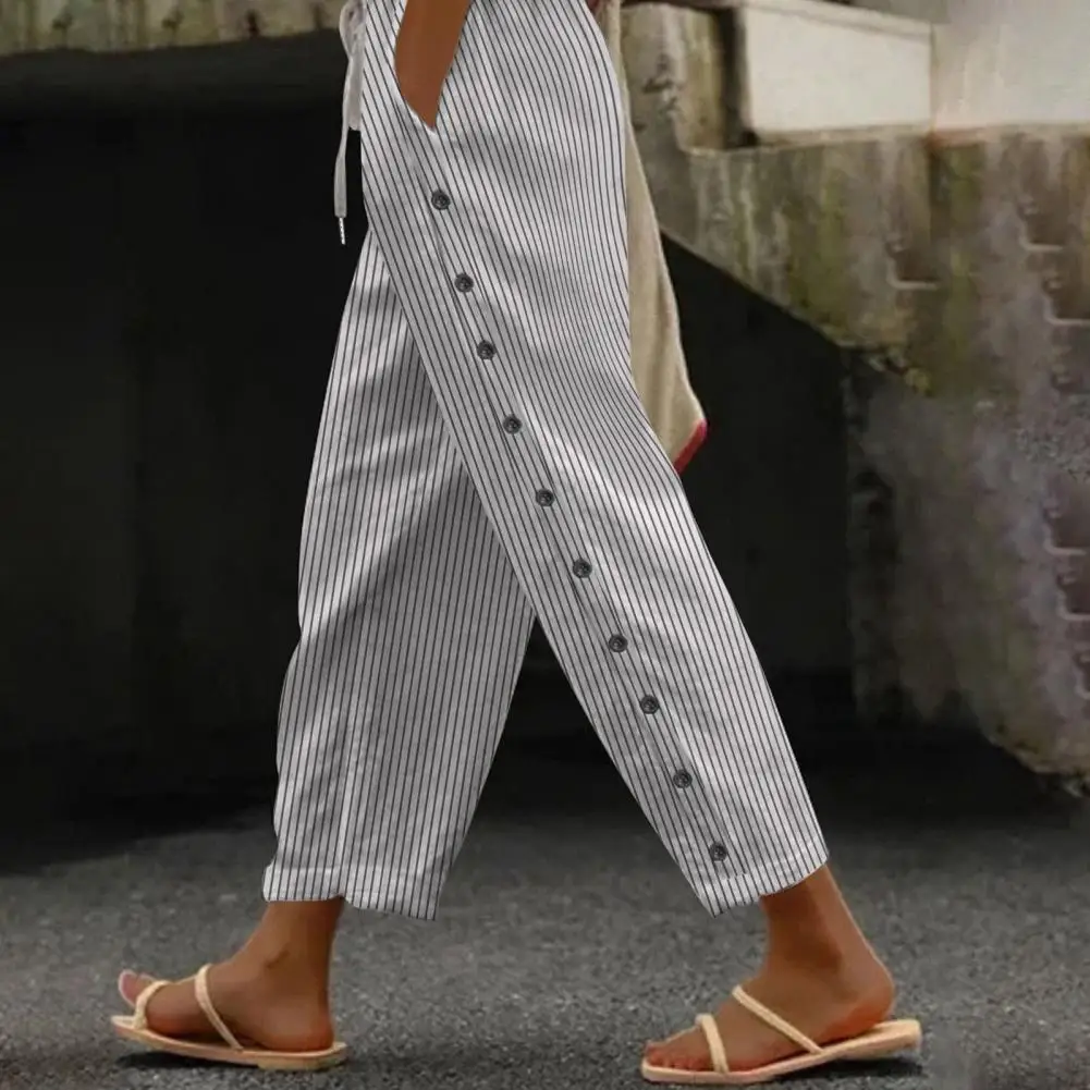 

Casual Pants Women Elastic Waist Adjustable Drawstring Long Trousers Slimming Vertical Stripe Design Slacks with Pockets