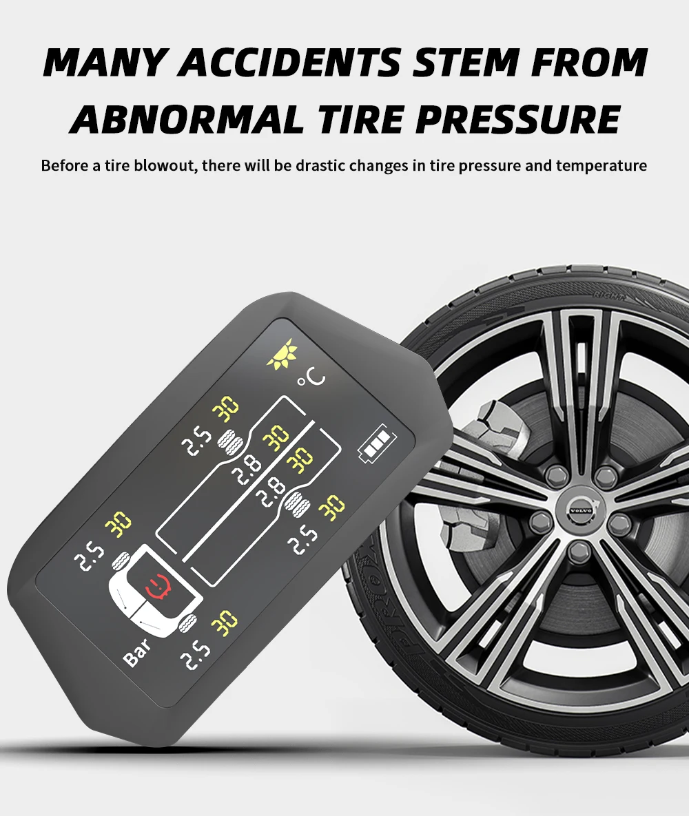 

6 Sensor Solar TPMS for RV Truck Dual Range 8-15Bar with Temperature Alarm and Clock