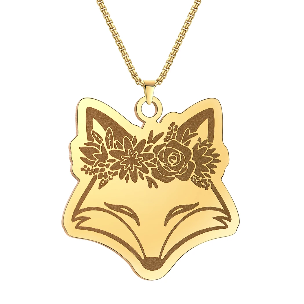 Women\'s Necklace Exquisite Fox Filigree Flower Stainless Steel Animal Pendant Chains Choker Necklace for Men Punk Jewelry