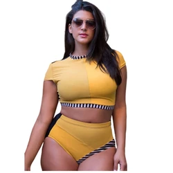 Womens Plus Size Swimsuit Multi-color stitched high-waisted bikini