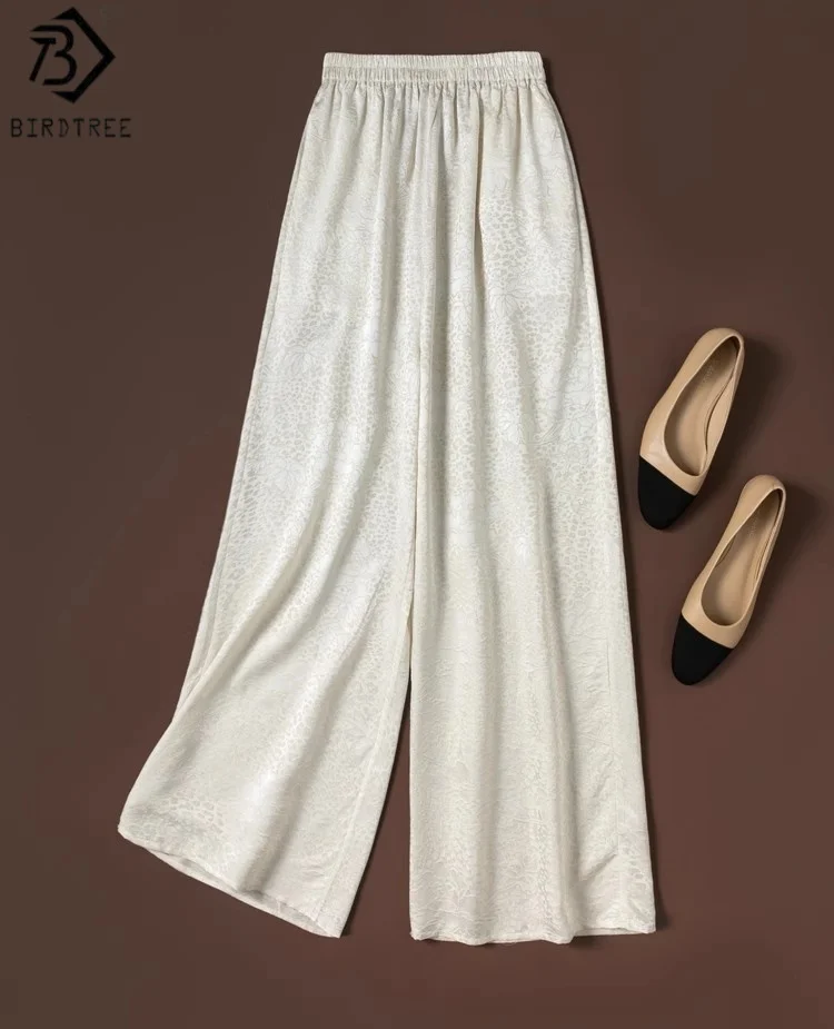 

Birdtree 100% Mulberry Silk Beige Color Pants,Women Jacquard Elastic Waist Loose Pocket Wide Leg Pants, 2025 Summer New P57306JF