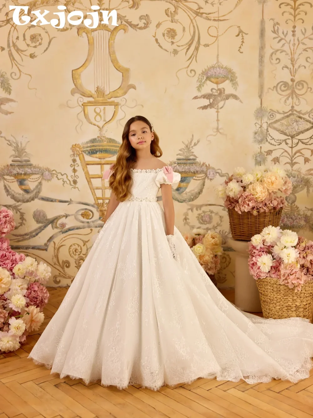 

New Charming Pearls 3D Flower A-line Lace Girls Dresses For Party Pink Bow Floor-length Princess Gown Stage Performance 2-14Y