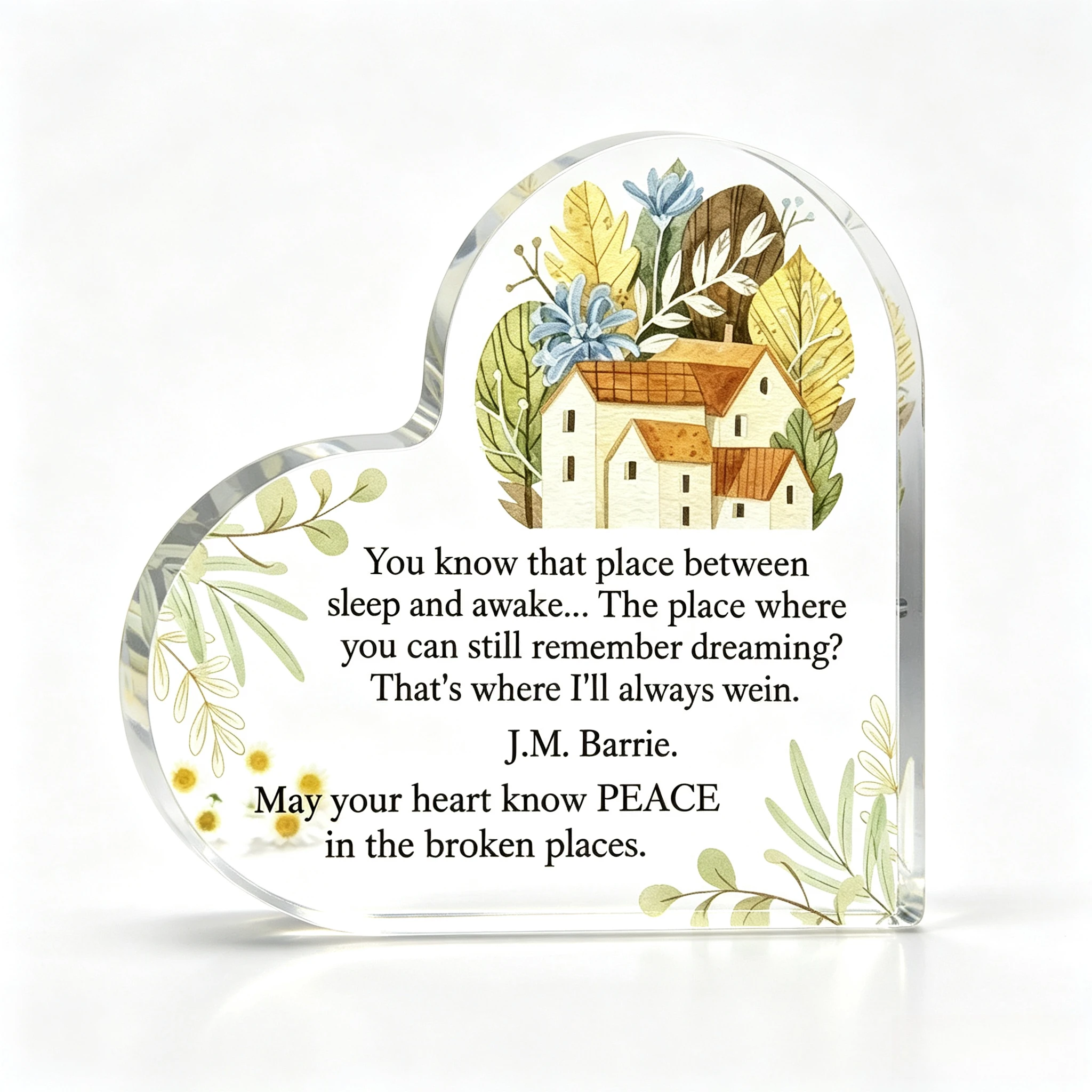 Heart‑Shaped Acrylic Plaque Memorial Quote Watercolor Country House Sympathy Keepsake Gift,Freestanding Clear Heart Acrylic Ornament Fall Foliage Cottage Bereavement Desktop Present