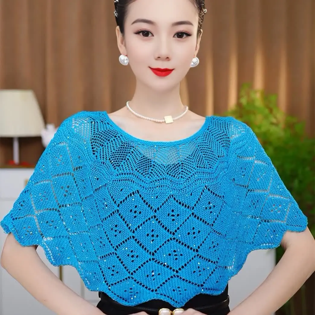 Ice silk hollow camisole skirt summer Cape air-conditioned room shawl knitted cover shirt for women loose fit Poncho P2