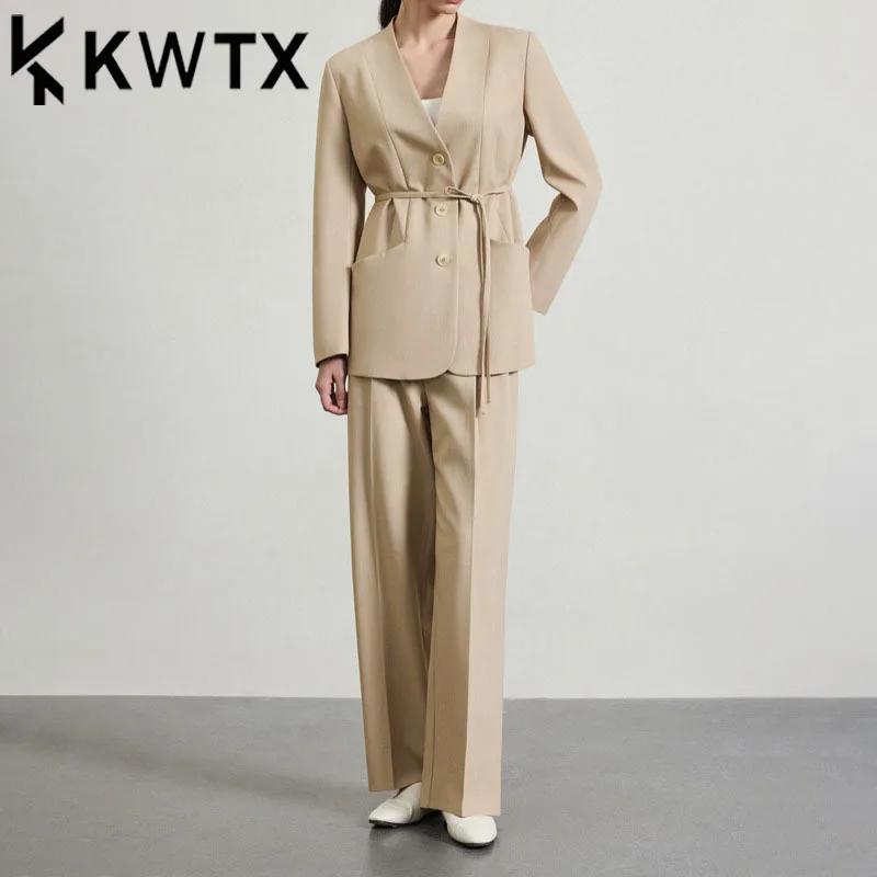 

KWTX Women's Khaki 2PC Pantsuit Tie Waist Pockets 3 Button V Neck Blazer Wide Leg Pants Elegant Chic Designer Spring Summer SS25