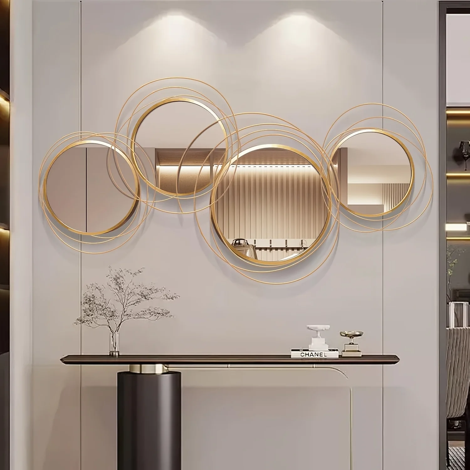 

Elegant Modern Golden Decorative Wall Mirror - 43.3" x 20.5" Star Ring Design, Glass Material, Horizontal Orientation - Perfect