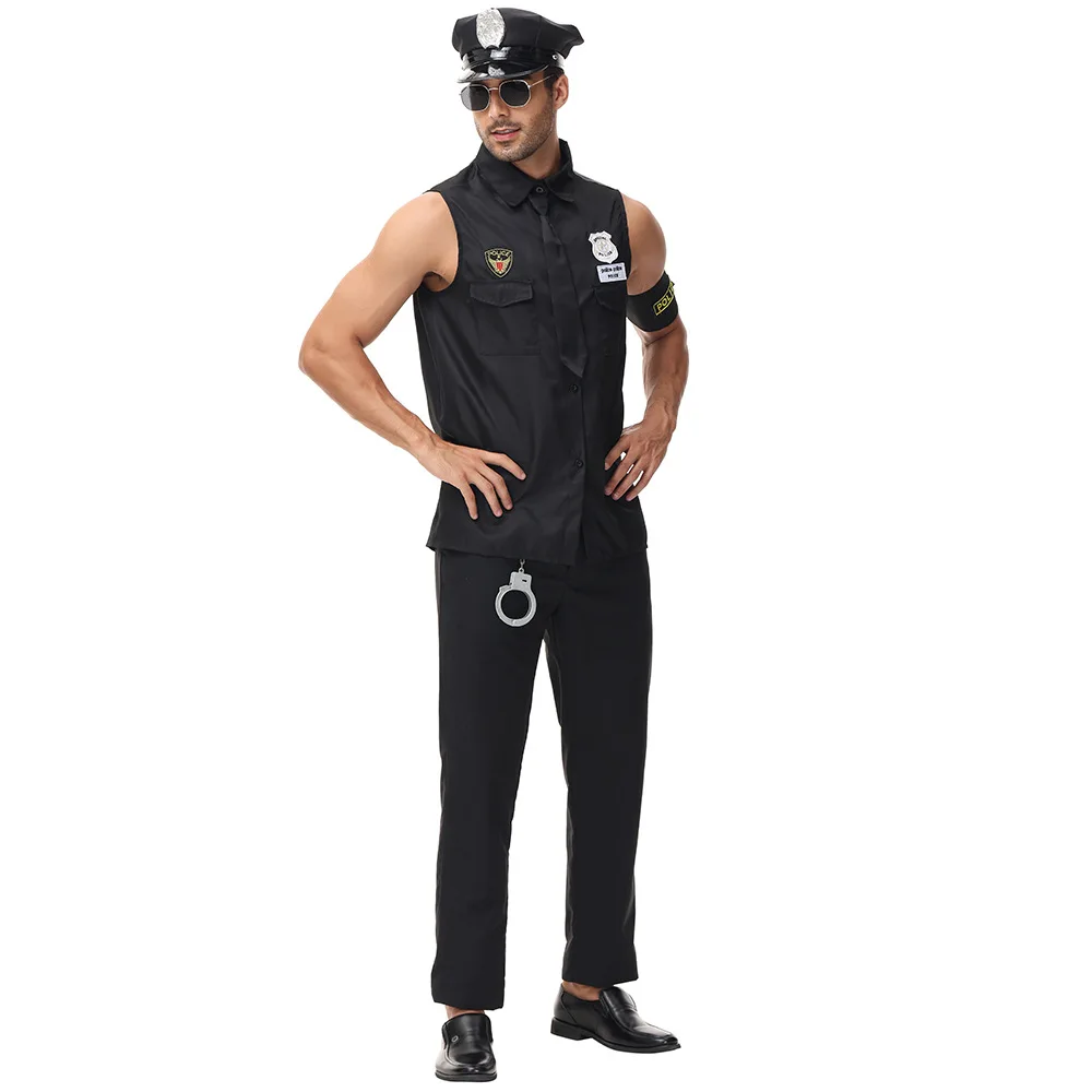 Homem preto policial cosplay traje camisa de polícia conjunto para homem jogo palco bar polícia festa de halloween traje cosplay