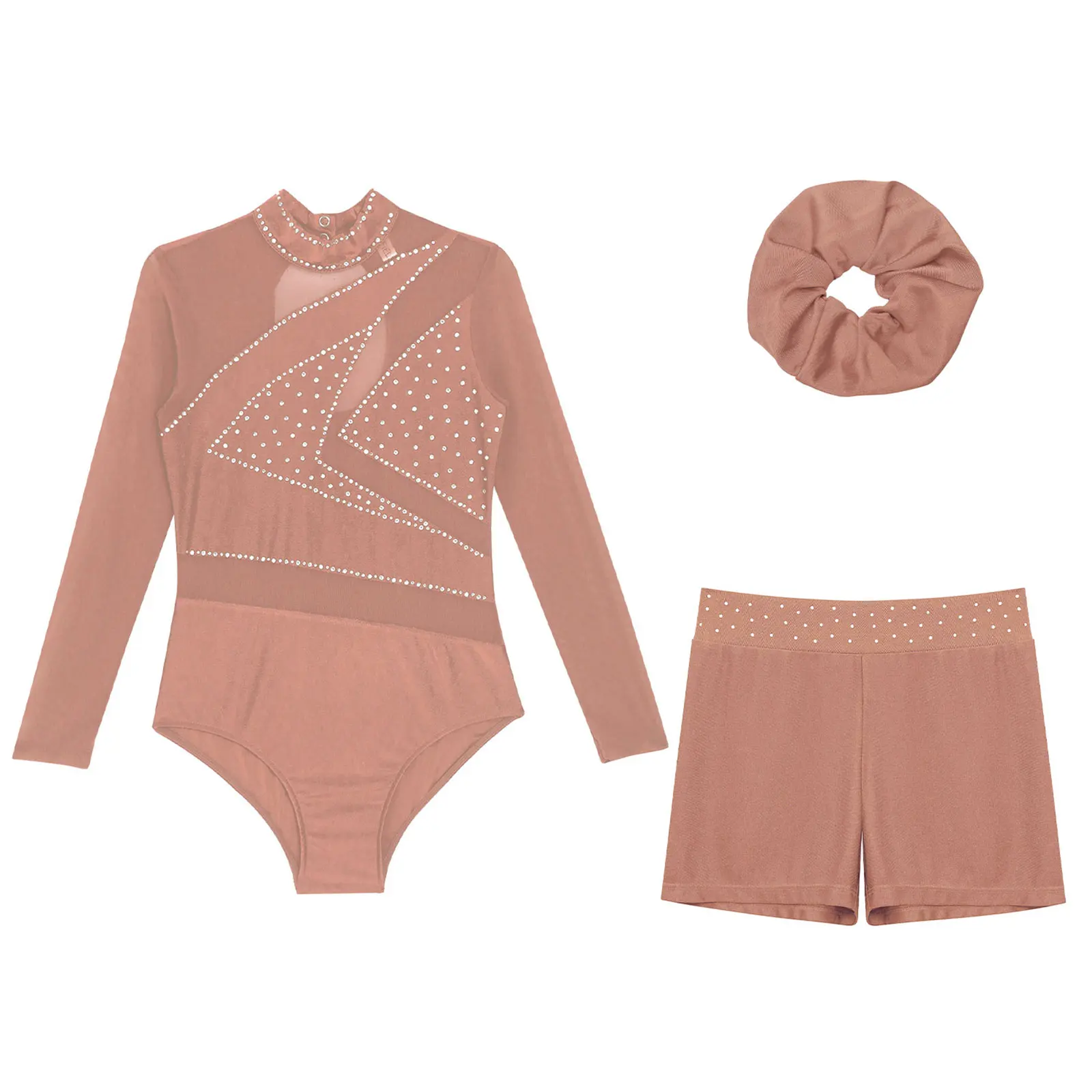 Conjunto de ginástica de três peças para meninas, manga longa, collant de dança de balé com shorts, faixa de cabelo, fantasia de performance de patinação artística