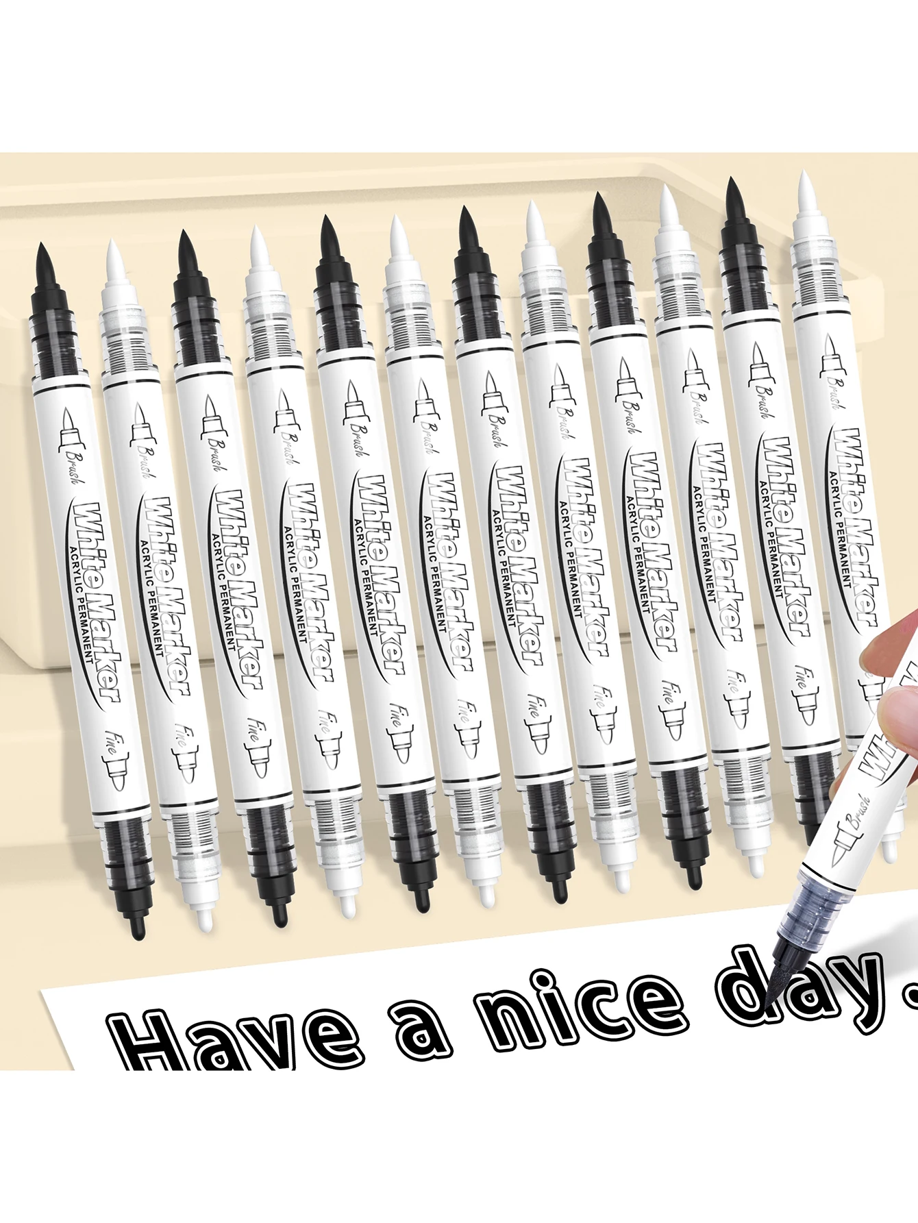 Schwarz/Weiß Großvolumiger Permanentmarker mit Doppelspitze für Kunstbedarf, Textilfarbe, Marker für DIY-Kunst, Pinselstift-Set – Detail 1