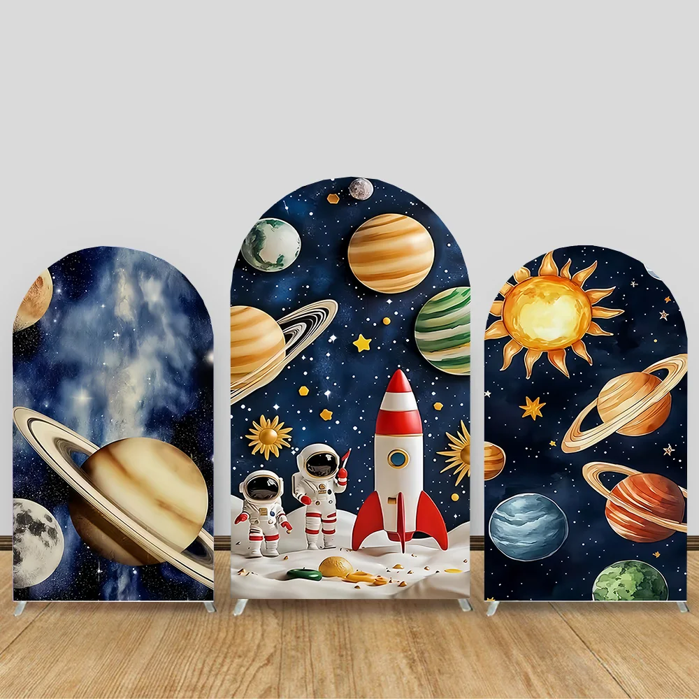 

Birthday Arch Backdrop Cover Soft Elastic Fabric Universe Rocket Astronaut Children Baby Party Decor Arched Backgrounds