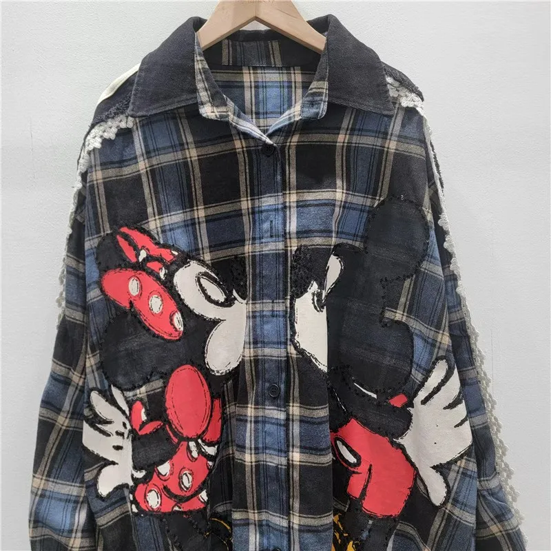 2025 Autumn New Fashion Cartoon Versatile Casual Loose Oversized Long Sleeve Shirt Women's Top Trendy Plaid Shirts for Women