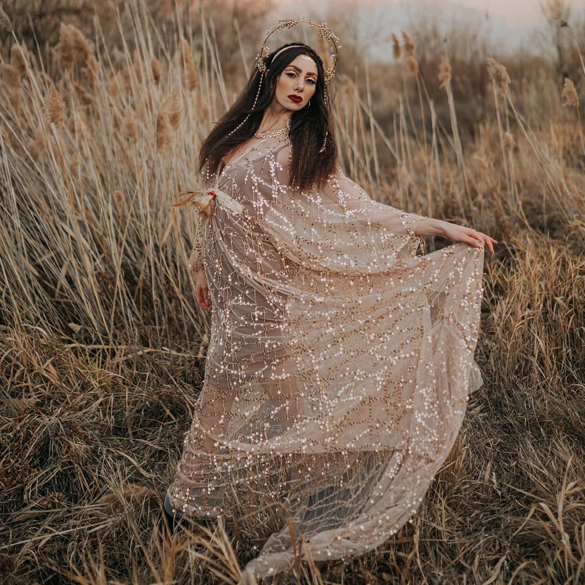 Vestido de fotografía de maternidad con lentejuelas doradas y mangas largas de murciélago para estudio, cuello en V, ilusión personalizada, vestidos bohemios para Baby Shower