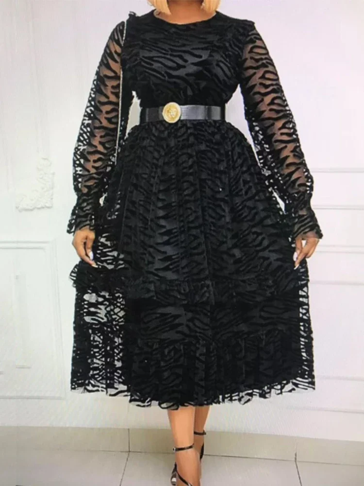 Women Dresses 2024 Big Size Elegant Retro A Line Dress Long Sleeve See Through Mesh Velvet Party Prom Outfits for Spring Summer