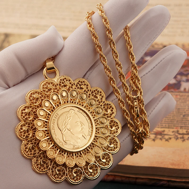 Round Flower Shape Coin Pendant for Women Algerian Wedding Necklace 60cm Long Chain Napoleon Figure French Coin Jewelry