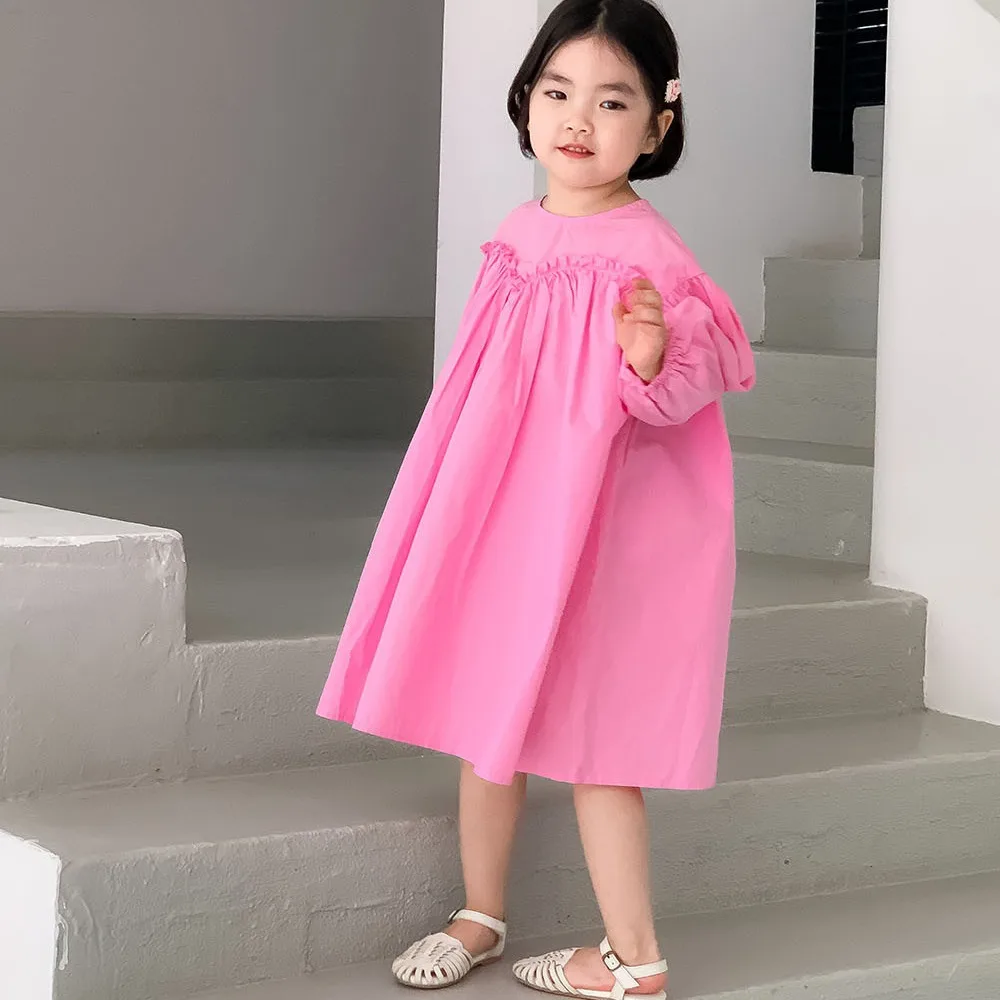 Girls Casual Dresses Spring Korean Girls Pink Dress New Long Sleeved Baby Princess Childrens Clothing 2024 Pleated