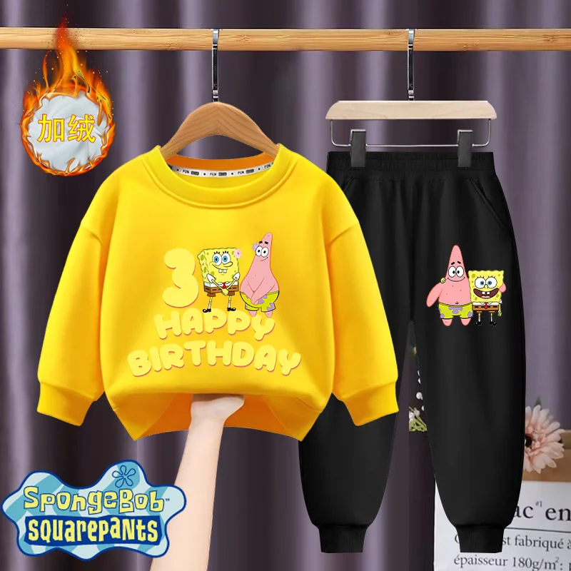 SpongeBob SquarePants Kawaii Clothes Girls Casual Long-sleeves Thick Sweatshirt and Long Pants Sets Autumn Winter Styles Suits