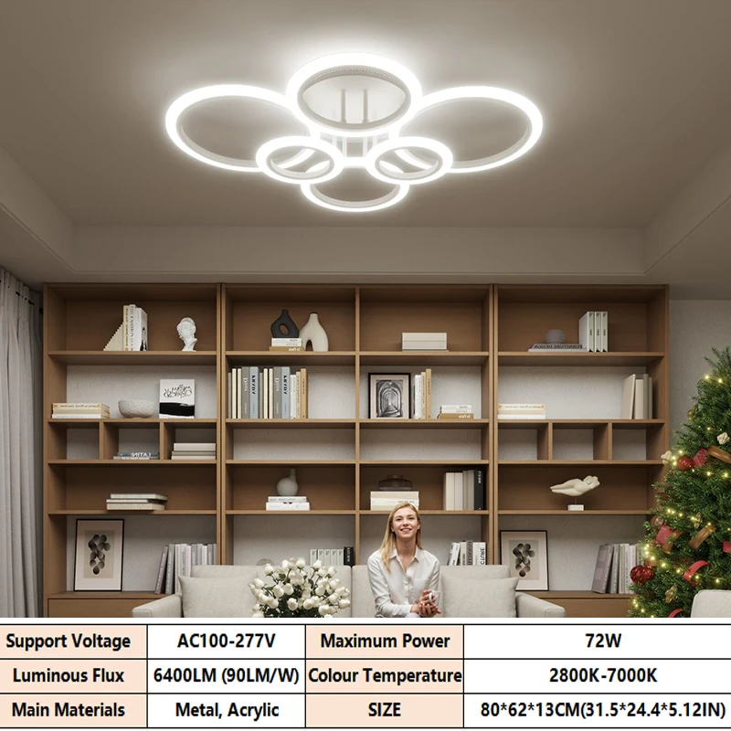 

Modern LED Ceiling Light, White 6 Rings Flush Mount Ceiling Light Fixture, 2800-7000K Lighting Fixture Ceiling Lamp for Kitchen