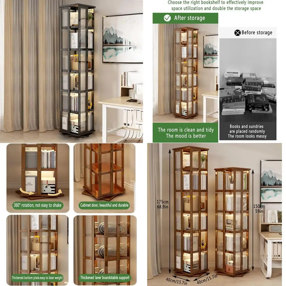 360 ° برج رف كتب دوار من الخيزران - خزانة كتب زاوية قابلة للتكديس مع مساحة تخزين، رف عرض أكريليك للكتب الصغيرة والديكور #1